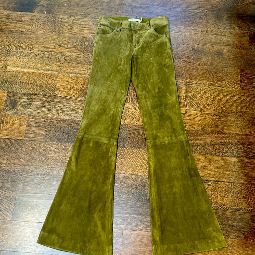 Green suede Alice and Olivia bell bottom pants. Never been worn!  Size 0
